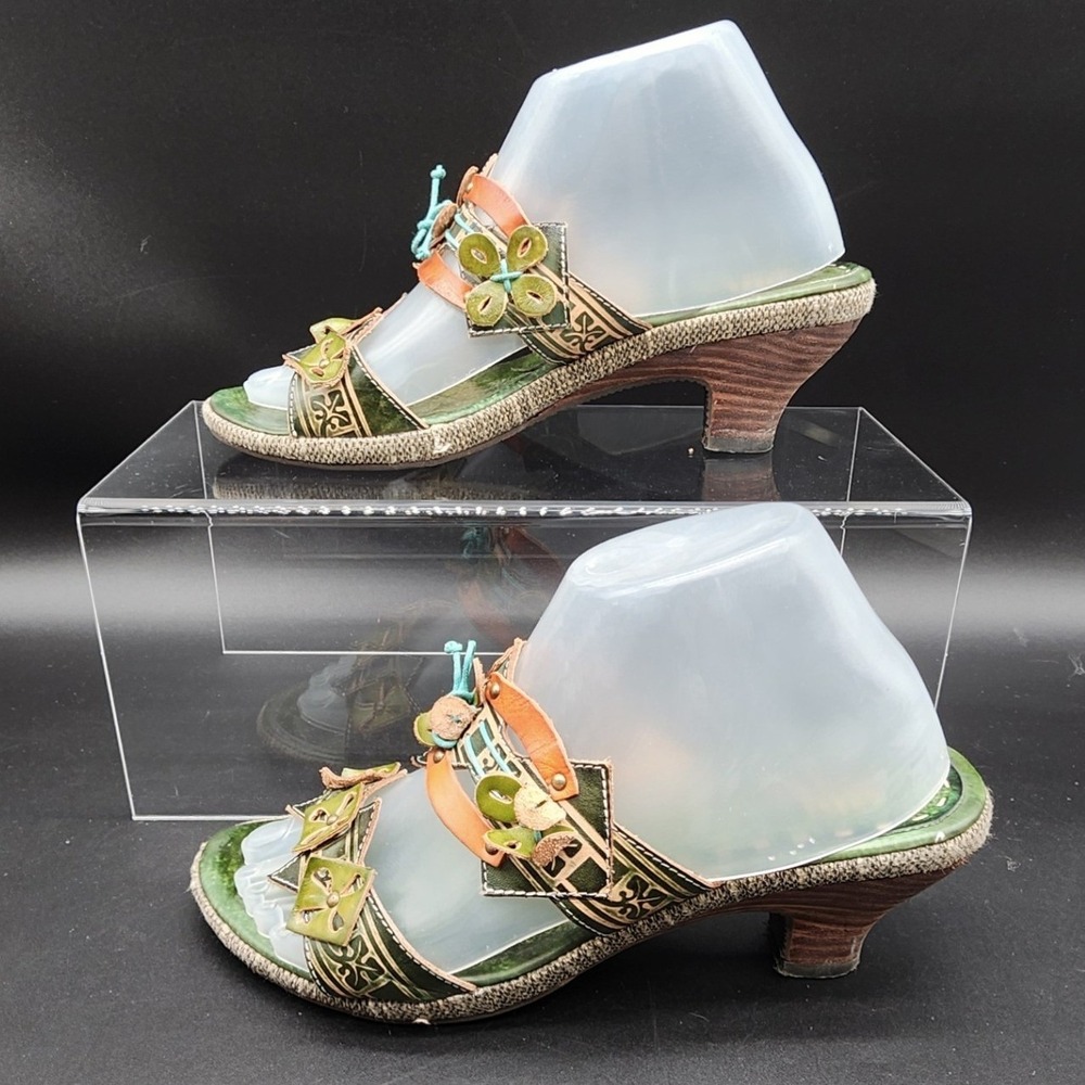 L'Artiste 40 Green Leather Floral Slide Sandals Boho Artisan Kitten Heel Savory